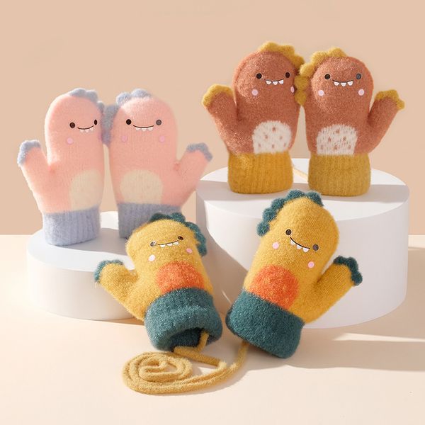 

children s mittens cute dinosaur baby gloves winter warm plush hanging neck for kids girl boy cartoon knitted children full finger 230818, White