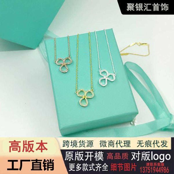 

high tiffay tif925 silver v gold material fashion versatile light luxury stone inlaid hollow clover pendant necklace, Black