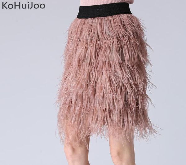 

2018 spring autumn fluffy skirts for women fashion elastic waist ostrich feather skirt high waist pencil skirt tassel blue pink5780071, Black