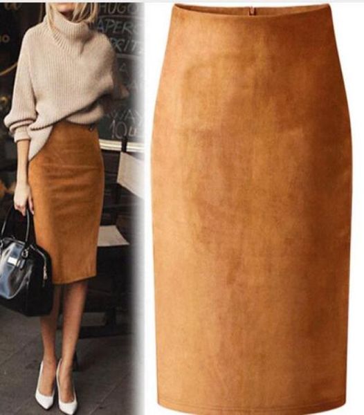 

multi color suede midi pencil skirt women 2018 fashion elastic high waist office lady bodycon skirts saias7771955, Black