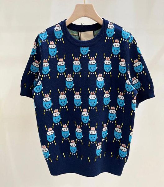 

letter jacquard women knits cute cartoon short sleeve crew neck knitted tees for lady5840815, White