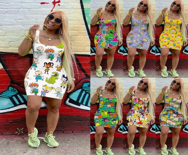 

7 color womens summer dress designer cartoon mini skirt sleeveless 1 piece dress nightclub plus size sxxl ladys summer clothing d3046102, Black;gray