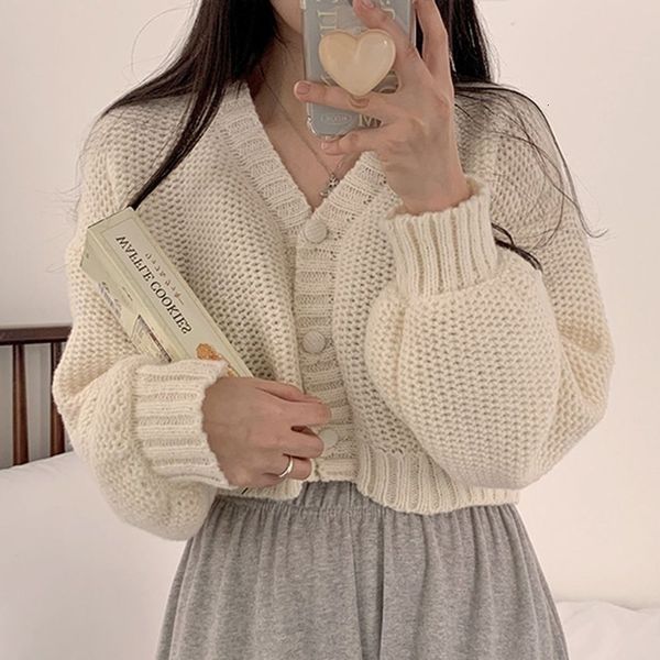 

womens knits tees short knitted cardigan sweet korean v neck lantern sleeve sweaters for women fall wild simple cropped pink coat 230818, White