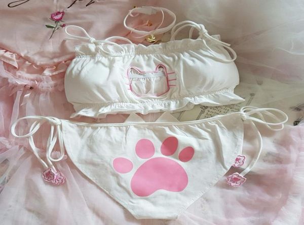 

japanese anime cos cute cat girl cotton hollow out open chest laceup underwear set cosplay cute lace panties set5413962, Red;black