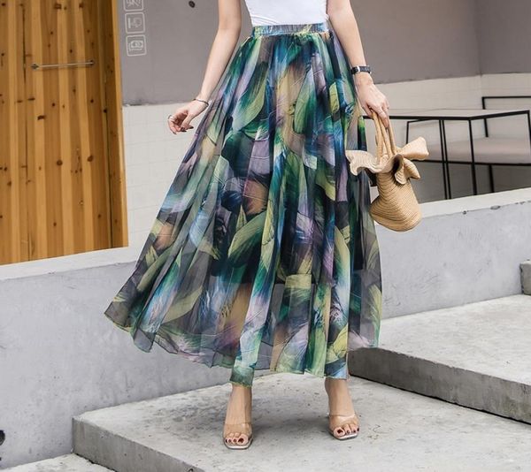 

skirts 2021 summer woman chiffon long skirt korean style elastic high waist floral print maxi bohemian beach boho2445002, Black