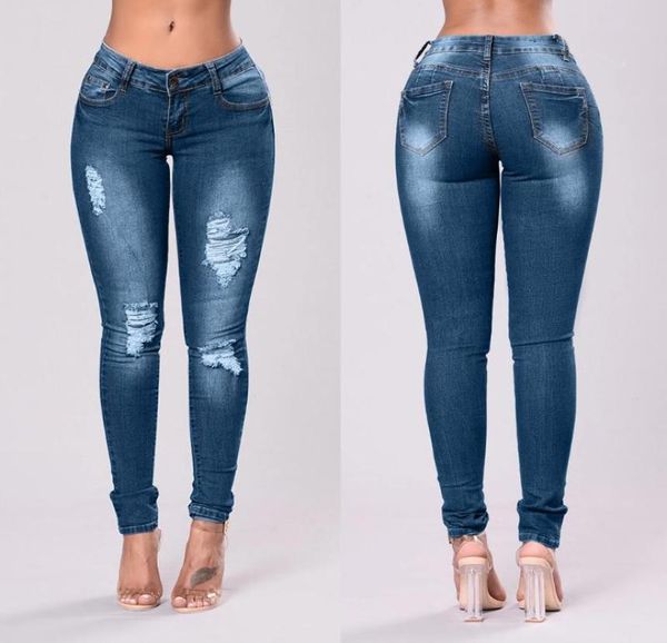 

jaycosin oversized skinny hole denim jeans for women mid waisted stretch slim pants spring autumn calf length jeans s3xl7423629, Blue