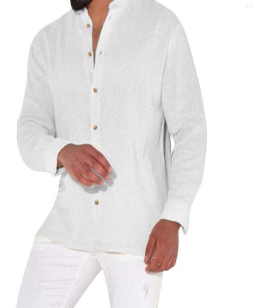 

men039s casual shirts 2022 men loose cotton linen summer solid stand collar long sleeve breathable beach style male chemises ho8747103, White;black