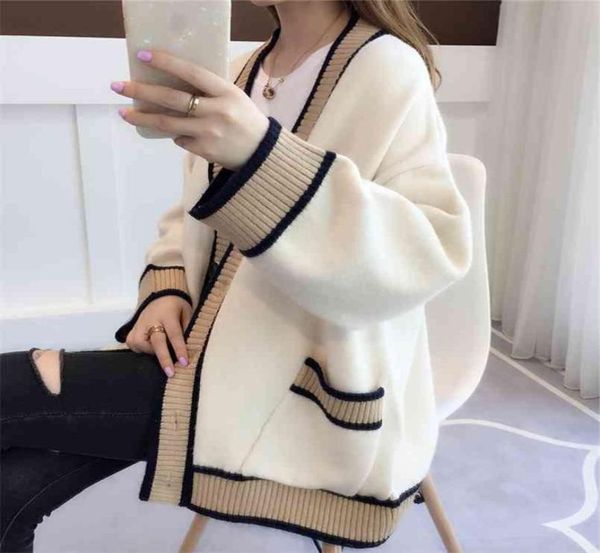 

women039s cardigan knitted korean fashion stripe wool sweater for women winter long sleeve vneck casual knitwear coats female 7122591, White;black