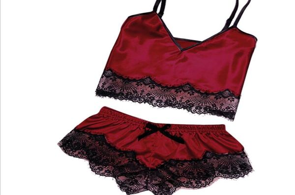 

two piece set sleepwear women silk pajamas lace nightwear summer lace homewear women lingerie7118889, Black;red