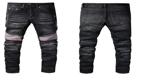 

men skinny jeans ripped holes jeans motorcycle biker patch splice fashion hip hop famous printing denim pants4765090, Blue