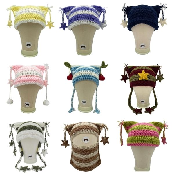 

beanie skull caps adults teens handmade cat ear shape knitted hat fluffy winter warmer cycling 230818, Blue;gray