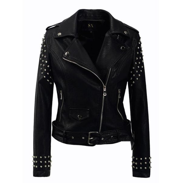 

new 2018 autumn fashion women rivet motorcycle pu faux leather plus size jacket studded outerwear streetwear gothic jackets5129345, Black