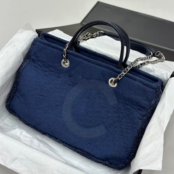 

fashion womens classic embroidered denim bag beach bag canvas bags large shopping bags cowhide handle luxury handbag matelasse chain shoulde