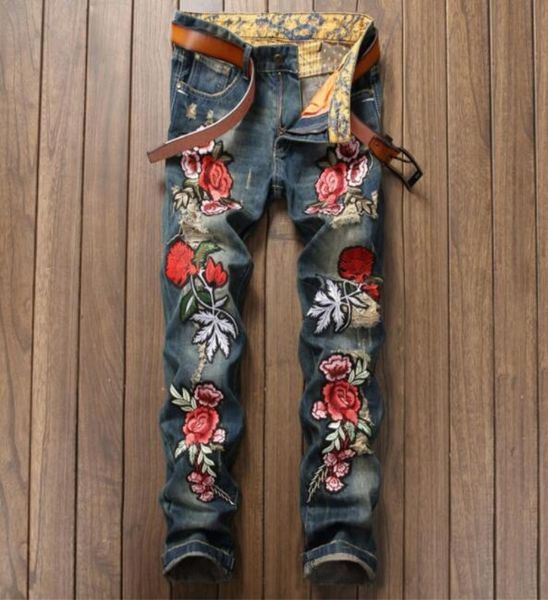 

embroidery floral tiger bird print design mens ripped jeans slim denim pencil pants hommes blue straight biker jean long trousers8003293