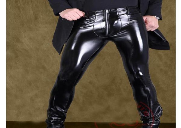 

men high elastic pvc shiny pencil pants faux leather fashion punk pants zipper front glossy pencil gay wear 162219639, Black
