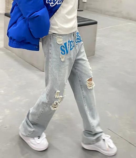 

spring mens and womens hole letter embroidery ripped retro jeans pants straight oversize washed distressed casual denim trousers7589253, Blue