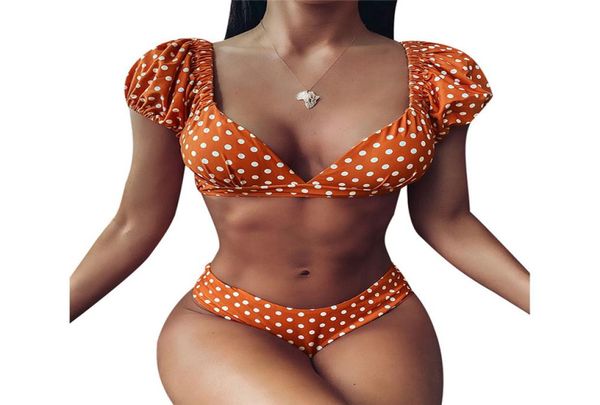 

women swimsuits summer bikini set yellow polka dot swimwear for women short sleeve ruffle swimming suit lady high waist swimwear5898212, White;black
