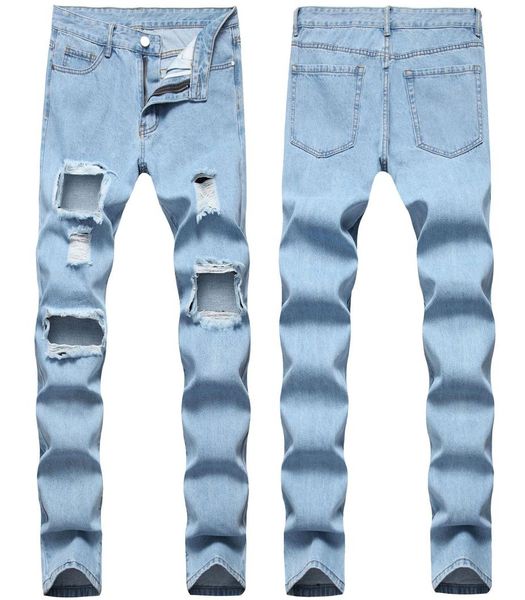 

causal mens jeans men distressed ripped jeans slim fit straight denim washed destroyed hole biker jeans hip hop men streetwear 0601465112, Blue