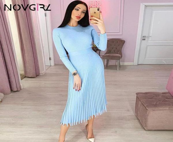 

novgirl autumn winter sweater dress women 2019 fashion knitted midi dresses long sleeve a line robe office lady dresses7084212, Black;gray