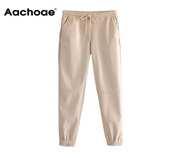 

aachoae lady full length pu leather pants drawstring sports style long sweatpants women baggy casual pencil pantalon mujer 2111027758619, Black;white