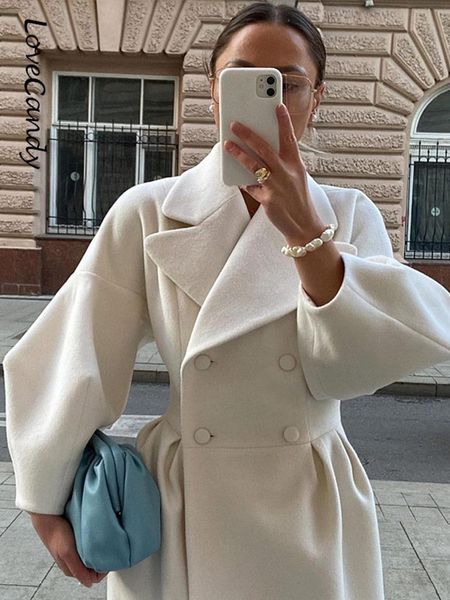 

womens wool blends spring women elegant woolen blend coat fashion thicken lapel doublebreasted long jackets office lady cashmere outerwears, Black