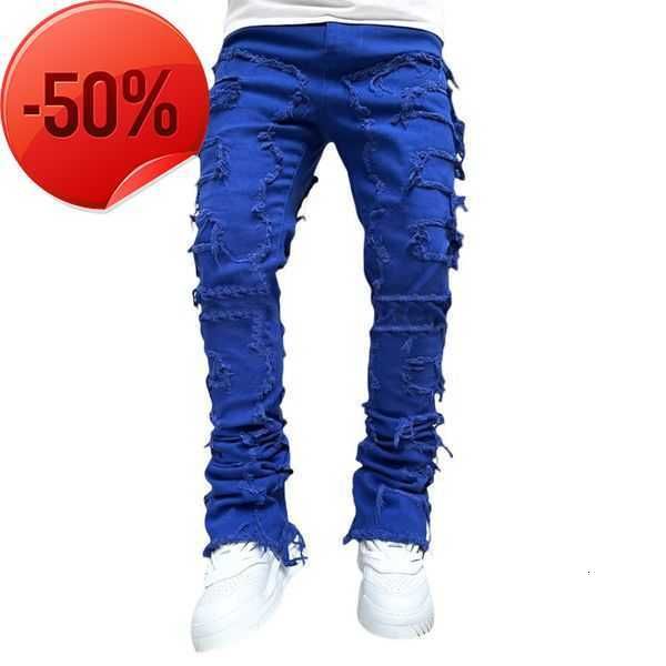 

men's jeans regular fit stacked patch distressed destroyed straight denim pants streetwear clothes casual jean9u139uwb, Blue