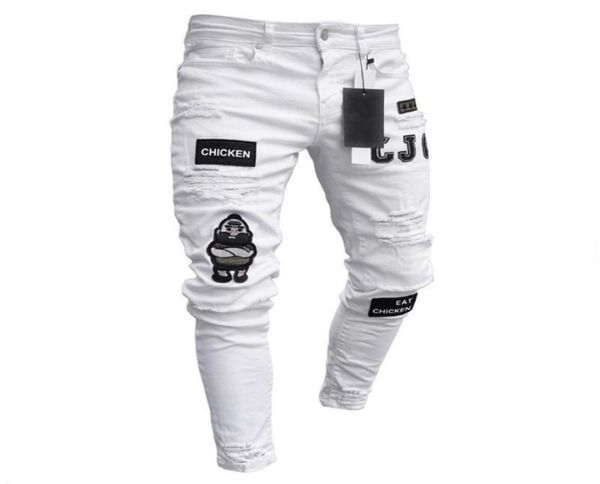 

men hole embroidery stretchy ripped skinny biker print jeans destroyed taped slim fit denim scratched 2204082481878, Blue