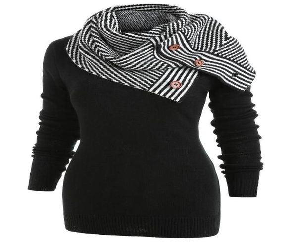 

wipalo plus size pullover sweater women buttons crew neck long sleeve sweater with striped scarf winter knitting ladies 2370536, White;black