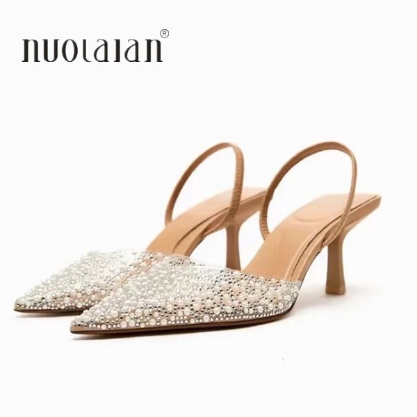 

dress shoes 2023 fashion summer women high heels pearl decoration slingback woman pumps pointed toe sandals elegant 230818, Black