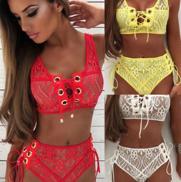 

2pcs womens lace bikini set pushup padded strappy bra mesh swimsuit ladies bandage bathing suit swimwear females bikini8426795, White;black