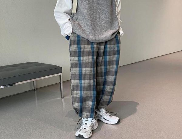 

kpop men039s plaid pants retro relaxed check straight trousers washed drawstring loose oversized baggy casual bottoms6618732, Black