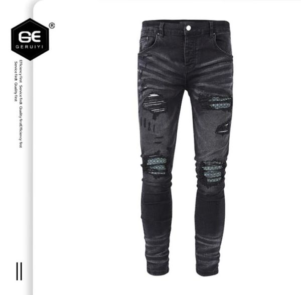 

mens jeans solid color diamondstudded washed slim casual trousers spring autumn tightfitting slimming european and american fash1393011, Blue