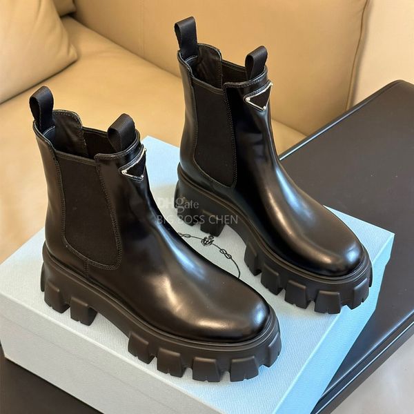 

new monolith polish leather ankle chelsea boots platform wedges slip-on round toe block heels flat booties luxury designer martens boots for, Black