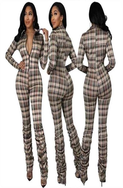 

womans plaid jumpsuits elegant slim fit lapel neck zipper spring long sleeve pile of pants fashion pleated rompers7569370, Black;white