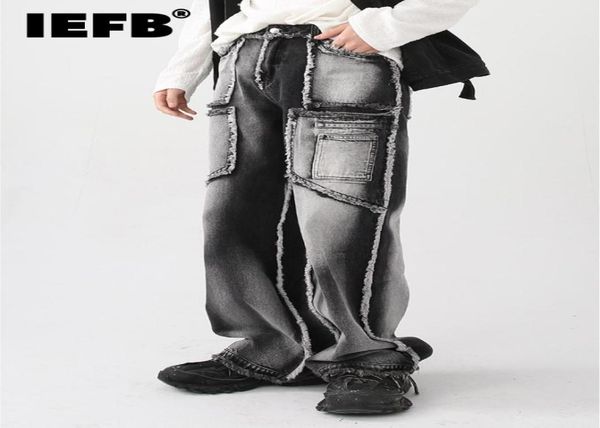

men039s jeans iefb men039s pants autumn vintage wash rough edge straight tube splicing male jeans high street wide leg trous6586698, Blue
