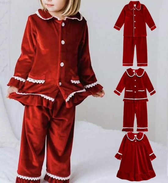 

2022 red christmas family xmas golden velevt baby kids match pyjama sets girls christmas dress pijama winter nightwear costume j221399466, Blue;red