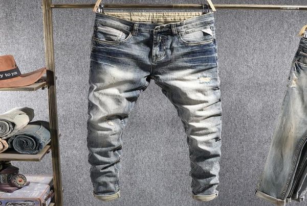 

men039s jeans italian style fashion men elastic slim fit ripped denim pants retro wash patchwork vintage designer 5889829, Blue