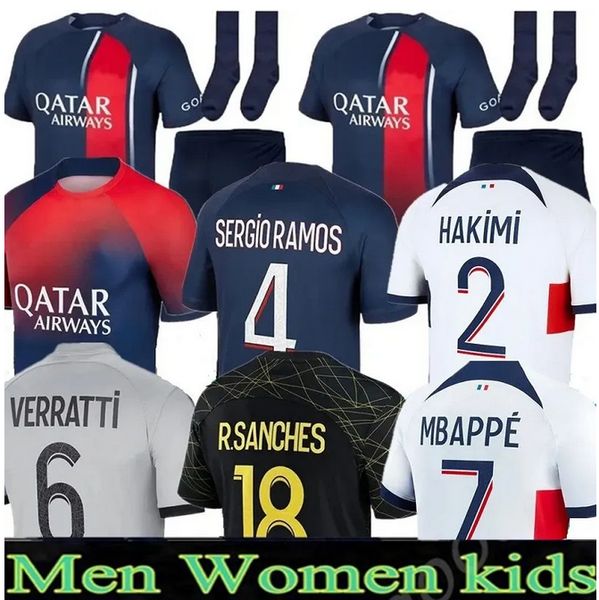 

paris player 30 10 mbappe 7 soccer jersey hakimi sergio ramos saint 23 24 maillots football shirt 2023 2024 men germain kids kit sets unifor, Black;yellow
