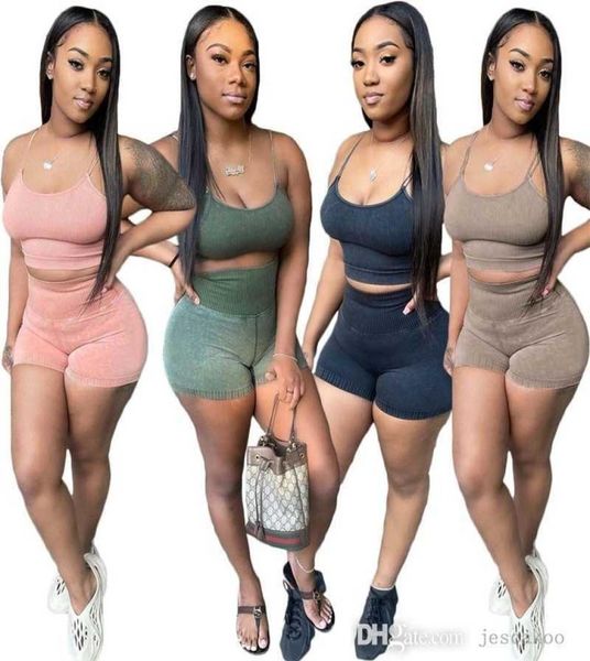 

designer womens rib knnited tracksuits casual outfits sling shorts two piece women set4929515, Gray