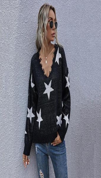 

autumn winter v neck tassel jumper sweater women star pattern full sleeve knitted pullovers for 2021 women039s sweaters3178918, White;black