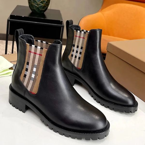 

black and brown genuine leather chelsea ankle boots elastic band thick block low heel round toe women's outdoor shoes luxury designer b