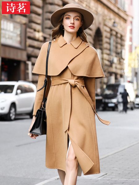 

womens jackets high end french double sided wool coat slim fit fabric detachable shawl mid length autumn 230818, Black;brown