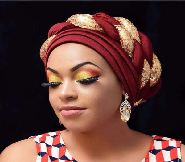 

ethnic clothing african auto gele headtie fashion sequins braids women039s turban cap muslim headscarf bonnet ready to wear hij9428813, Red