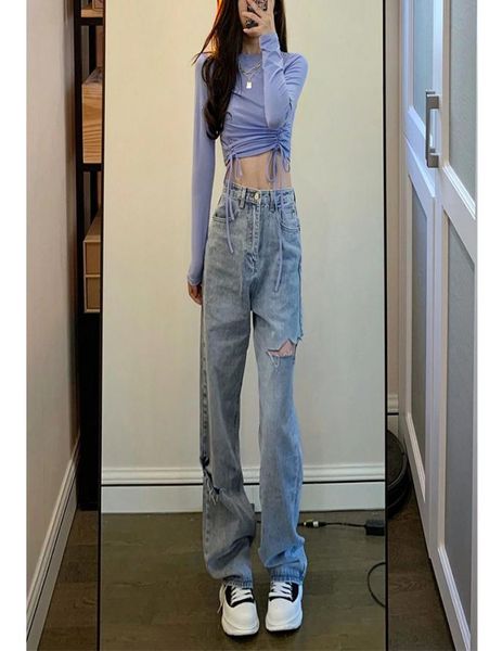

ripped women jeans boyfriend black solid streetwear wide leg pants denim woman korean autumn hole baggy jeans mom3087411, Blue