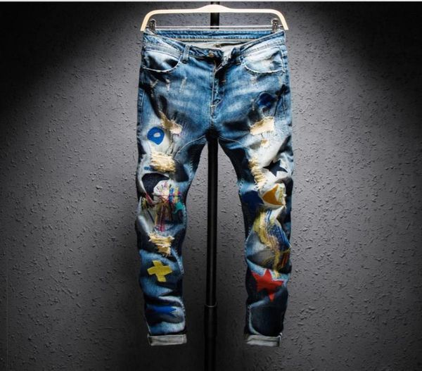 

ripped pant mens colored patchwork ripped jeans casual embroidery stretch denim pant slim fit straight trousers size 28 36 j30373763596, Blue