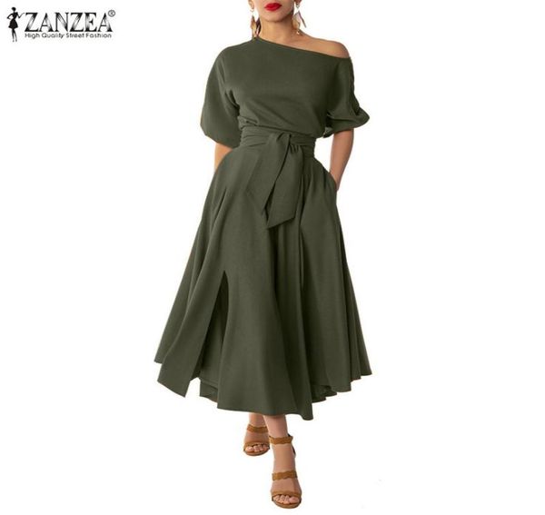 

stylish solid party dress women039s summer sundress 2021 zanzea casual long puff sleeve maxi vestidos female belted robe oversi1915901, Black;gray