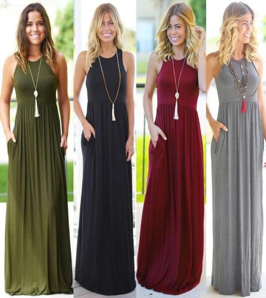 

female solid long boho dress lady beach summer sundrss maxi women sleeveless color pocket vestido de verano14241358, Black;gray
