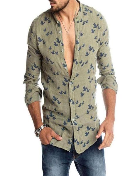 

spring autumn casual men pigeon print buttons long sleeve shirt linen slim men039s shirts8930602, White;black
