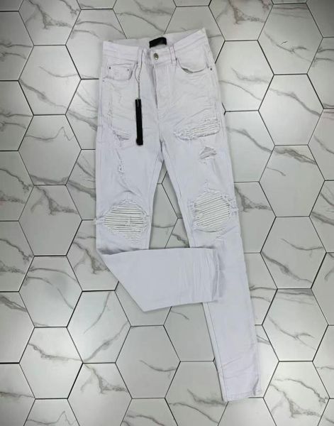 

hm583 mens designer jeans distressed ripped biker slim fit motorcycle denim for men s quality fashion jean mans pants pour hommes3571672, Blue