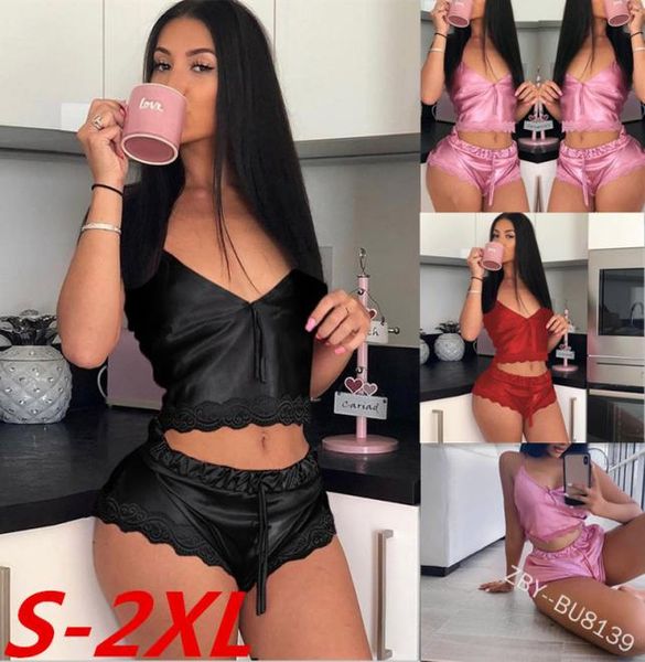 

women spaghetti strap silk lace v neck sleepwear set bow summer femms crop pajamas lady drawstring nightwear2553656, Black;red